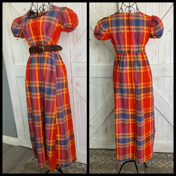 70's Vintage Vicky Vaughn Red Blue Orange Yellow Autumn Plaid Prairie Maxi Dress