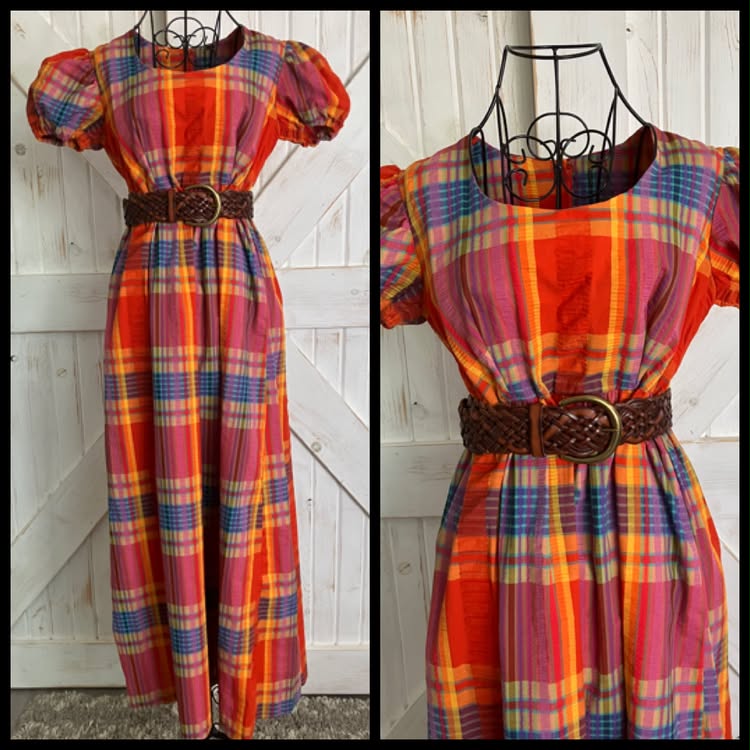 70's Vintage Vicky Vaughn Red Blue Orange Yellow Autumn Plaid Prairie Maxi Dress