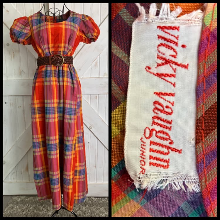 70's Vintage Vicky Vaughn Red Blue Orange Yellow Autumn Plaid Prairie Maxi Dress