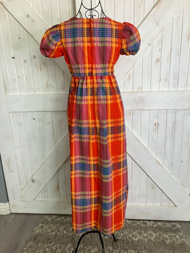 70's Vintage Vicky Vaughn Red Blue Orange Yellow Autumn Plaid Prairie Maxi Dress
