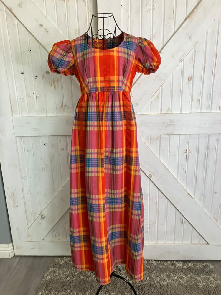 70's Vintage Vicky Vaughn Red Blue Orange Yellow Autumn Plaid Prairie Maxi Dress