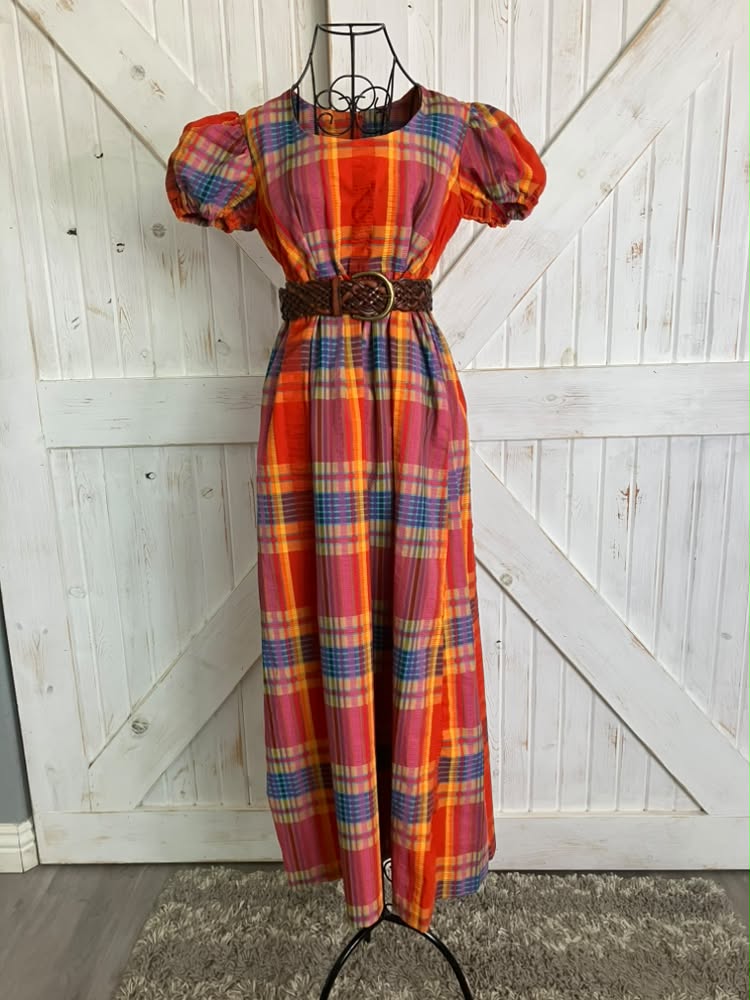 70's Vintage Vicky Vaughn Red Blue Orange Yellow Autumn Plaid Prairie Maxi Dress