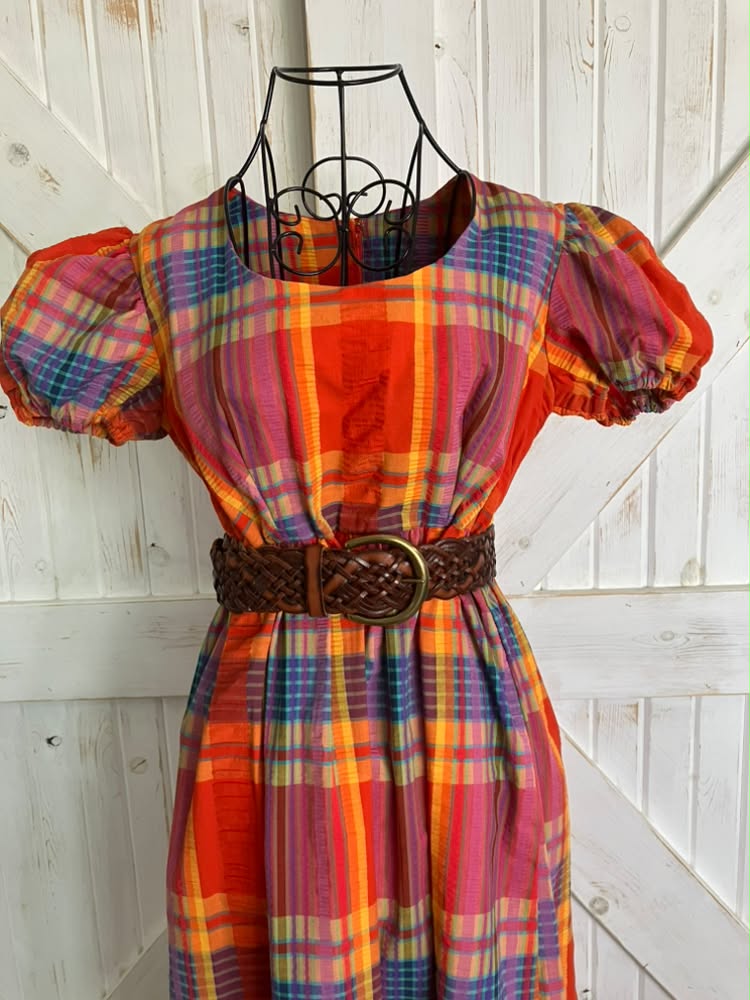 70's Vintage Vicky Vaughn Red Blue Orange Yellow Autumn Plaid Prairie Maxi Dress