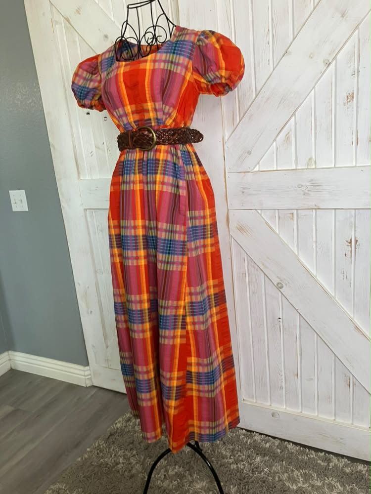 70's Vintage Vicky Vaughn Red Blue Orange Yellow Autumn Plaid Prairie Maxi Dress