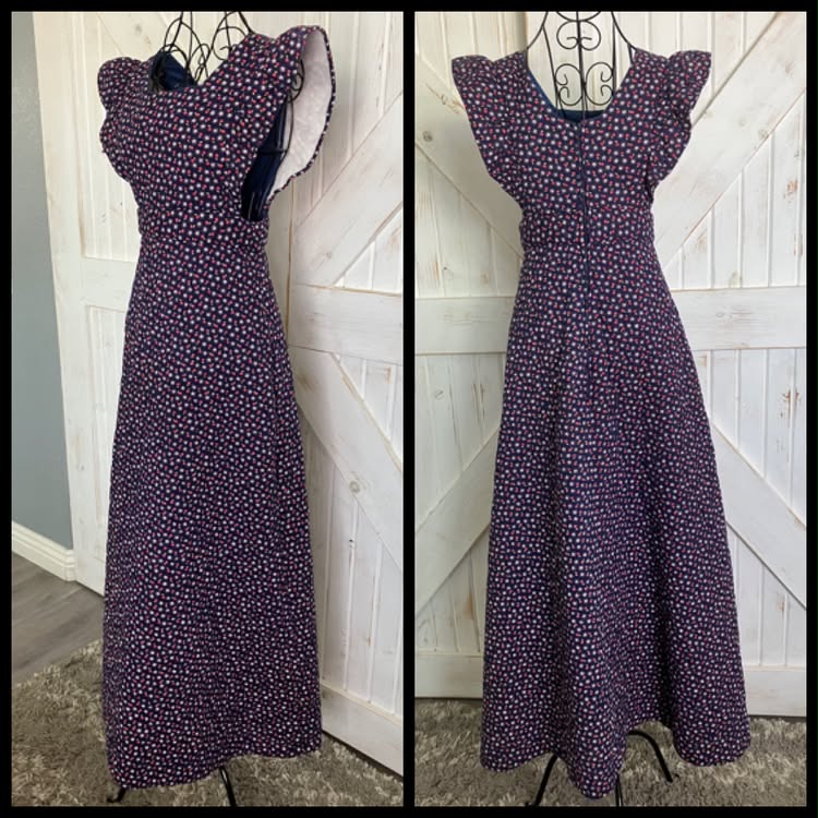 70's Vintage Blue Red Apple Daisy Quilted Prairie Pinafore Maxi Dress