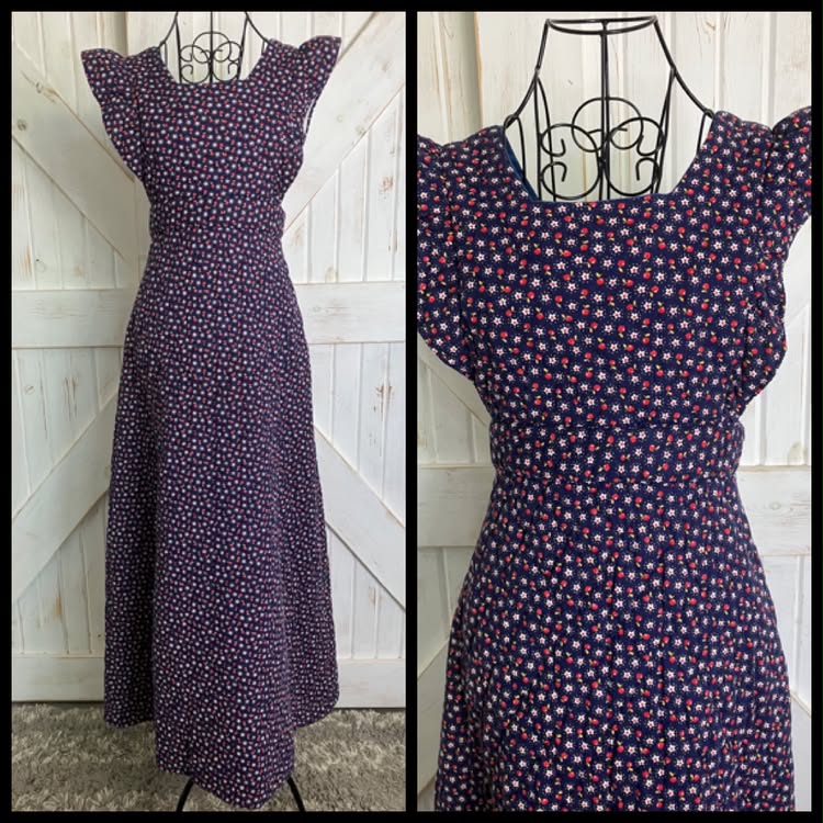 70's Vintage Blue Red Apple Daisy Quilted Prairie Pinafore Maxi Dress