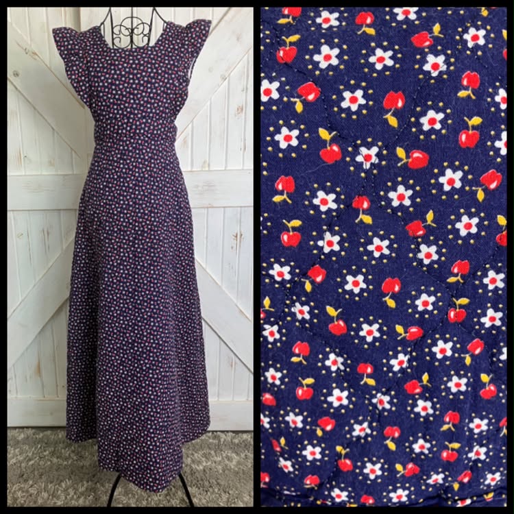 70's Vintage Blue Red Apple Daisy Quilted Prairie Pinafore Maxi Dress