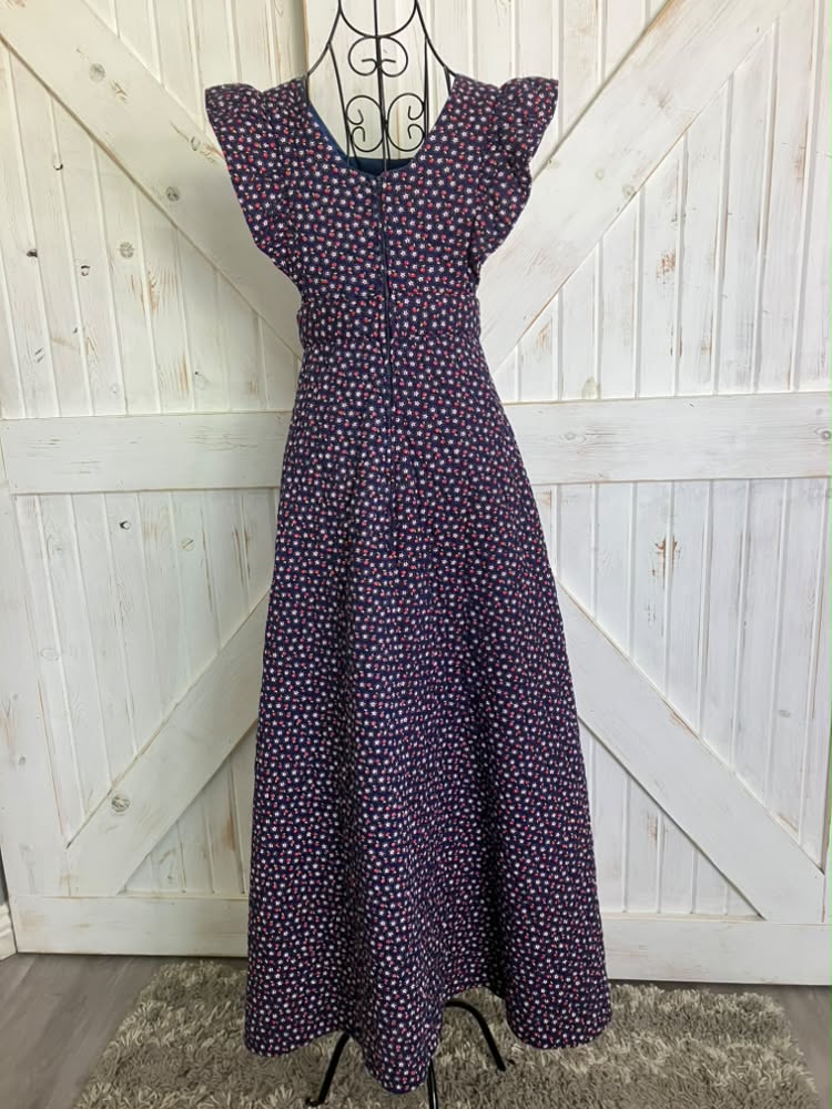 70's Vintage Blue Red Apple Daisy Quilted Prairie Pinafore Maxi Dress