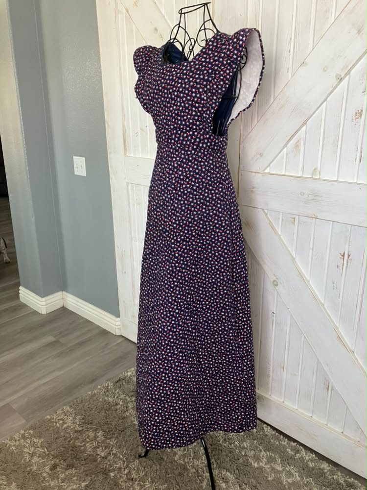 70's Vintage Blue Red Apple Daisy Quilted Prairie Pinafore Maxi Dress