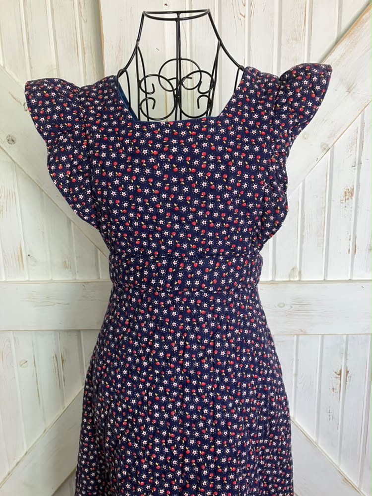 70's Vintage Blue Red Apple Daisy Quilted Prairie Pinafore Maxi Dress