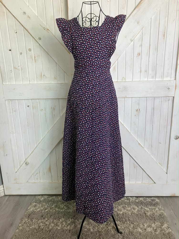 70's Vintage Blue Red Apple Daisy Quilted Prairie Pinafore Maxi Dress