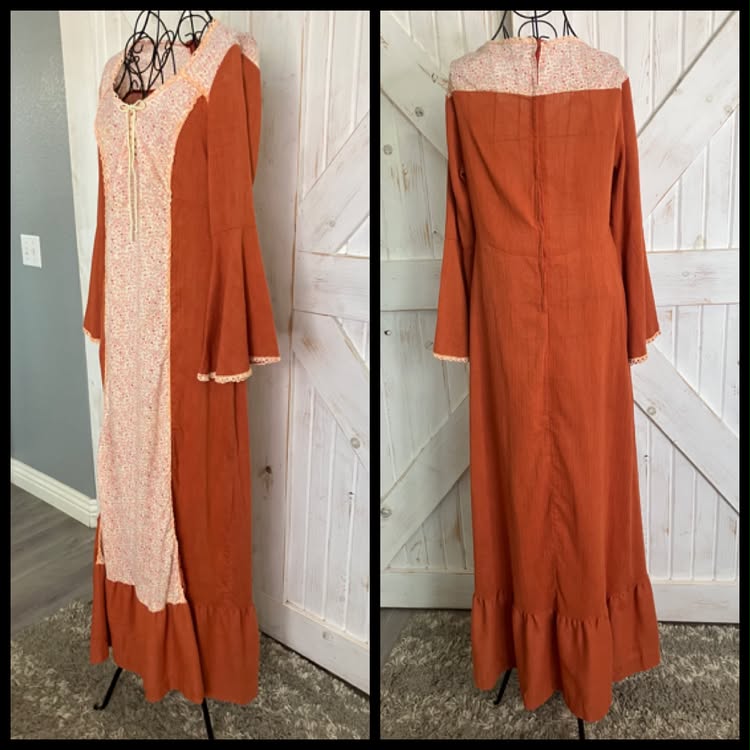 70's Vintage Pumpkin Spice Orange White Green Calico Bohemian Festival Corset Stevie Maxi Dress