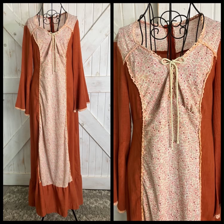 70's Vintage Pumpkin Spice Orange White Green Calico Bohemian Festival Corset Stevie Maxi Dress