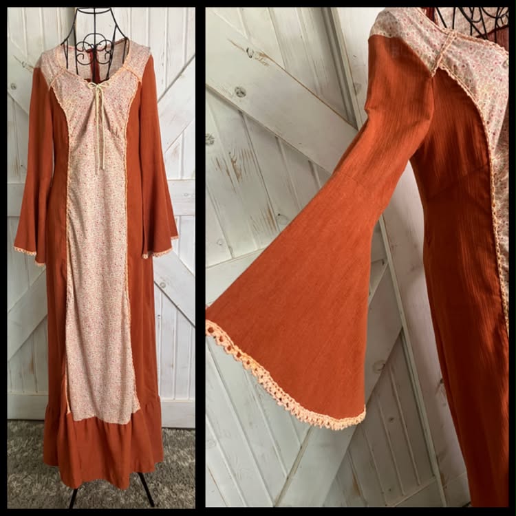 70's Vintage Pumpkin Spice Orange White Green Calico Bohemian Festival Corset Stevie Maxi Dress