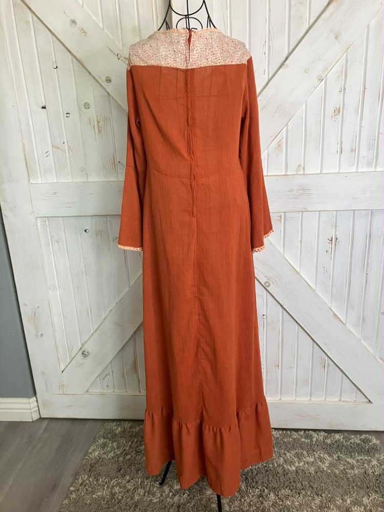 70's Vintage Pumpkin Spice Orange White Green Calico Bohemian Festival Corset Stevie Maxi Dress