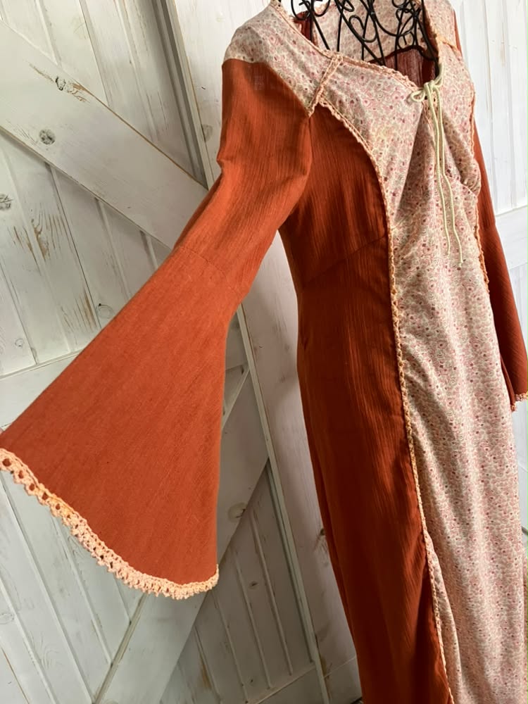 70's Vintage Pumpkin Spice Orange White Green Calico Bohemian Festival Corset Stevie Maxi Dress