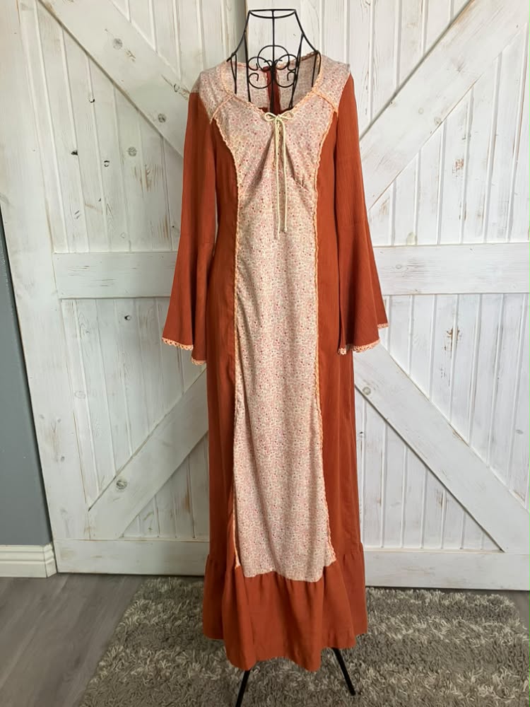 70's Vintage Pumpkin Spice Orange White Green Calico Bohemian Festival Corset Stevie Maxi Dress