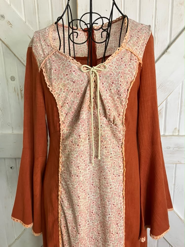 70's Vintage Pumpkin Spice Orange White Green Calico Bohemian Festival Corset Stevie Maxi Dress