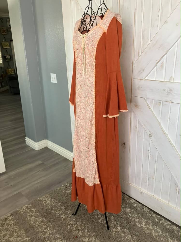 70's Vintage Pumpkin Spice Orange White Green Calico Bohemian Festival Corset Stevie Maxi Dress