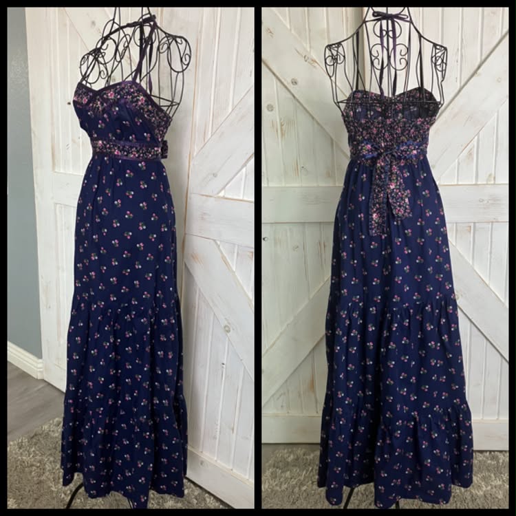70's Vintage Phase II California Blue Pink Calico Halter Prairie Gunne Sax STYLE Maxi Dress