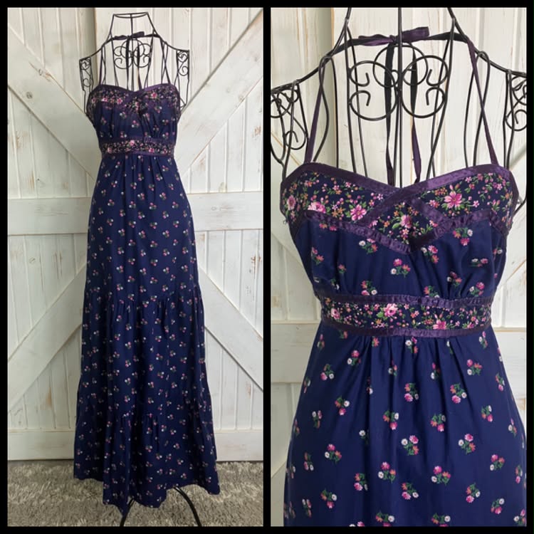 70's Vintage Phase II California Blue Pink Calico Halter Prairie Gunne Sax STYLE Maxi Dress