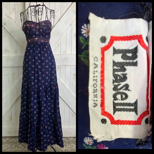 70's Vintage Phase II California Blue Pink Calico Halter Prairie Gunne Sax STYLE Maxi Dress