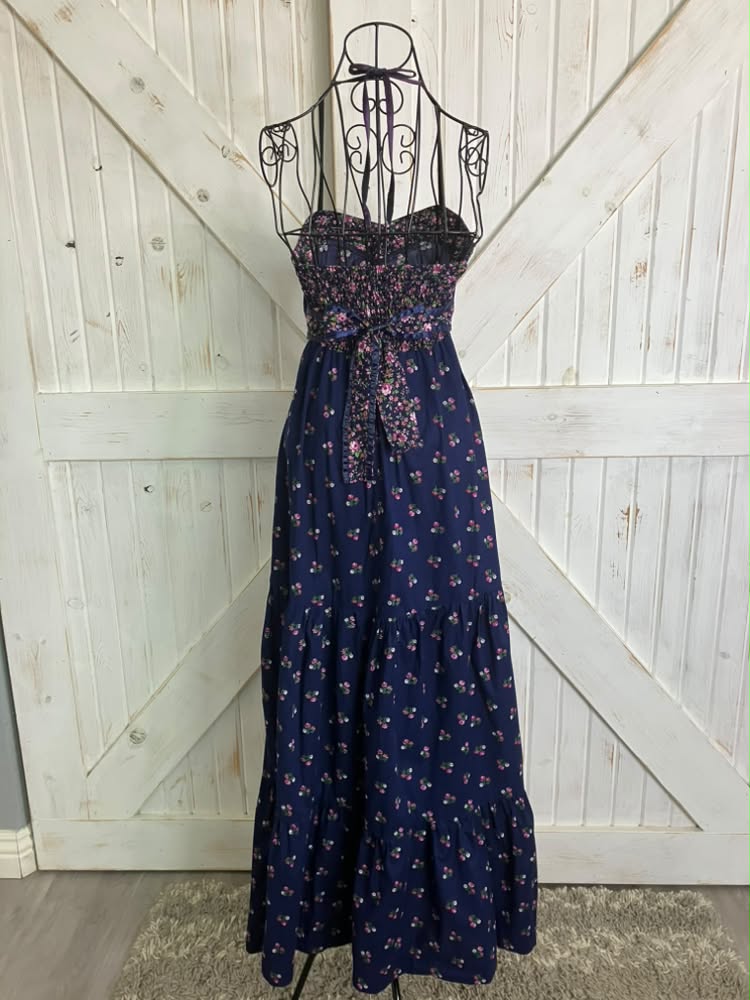 70's Vintage Phase II California Blue Pink Calico Halter Prairie Gunne Sax STYLE Maxi Dress