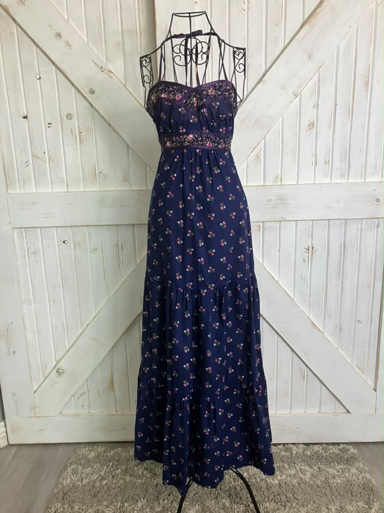 70's Vintage Phase II California Blue Pink Calico Halter Prairie Gunne Sax STYLE Maxi Dress