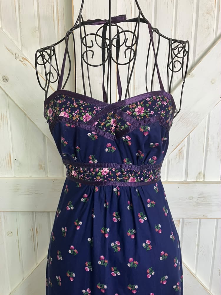 70's Vintage Phase II California Blue Pink Calico Halter Prairie Gunne Sax STYLE Maxi Dress
