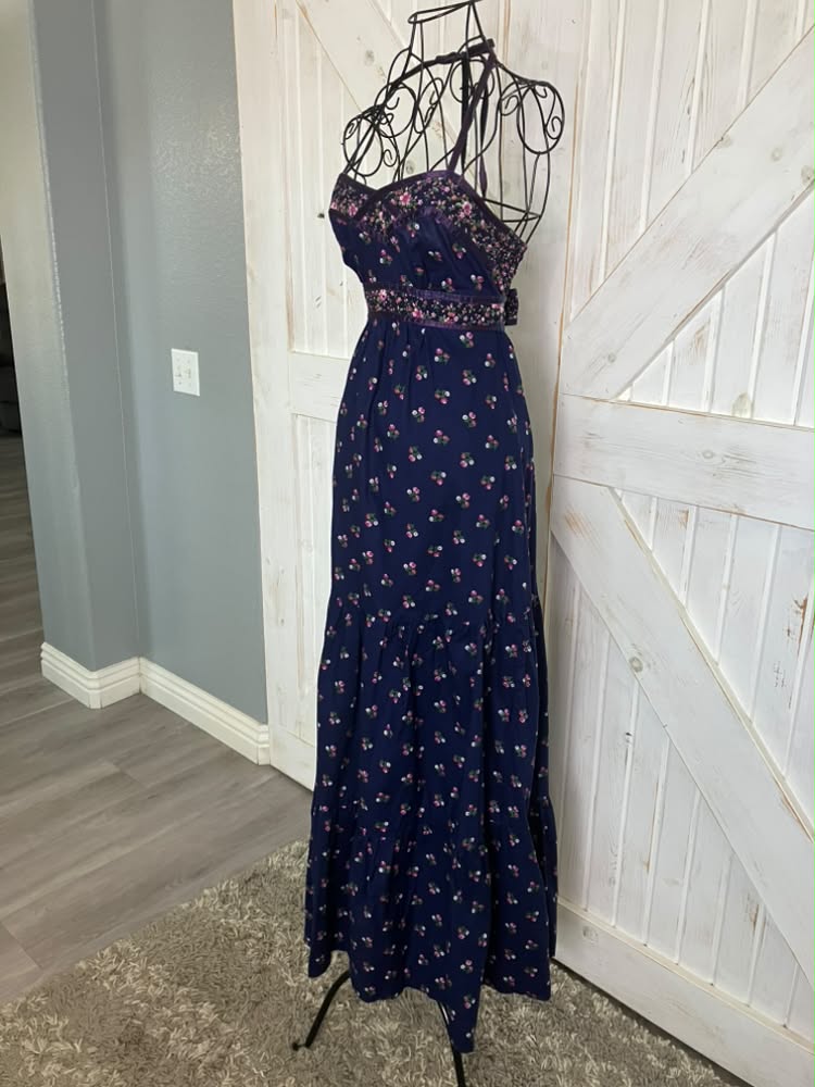 70's Vintage Phase II California Blue Pink Calico Halter Prairie Gunne Sax STYLE Maxi Dress