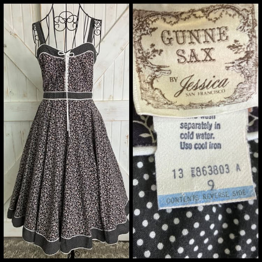 70's Vintage Gunne Sax Black White Pink Calico Polka Dot Prairie Corset Midi Sundress Dress 9