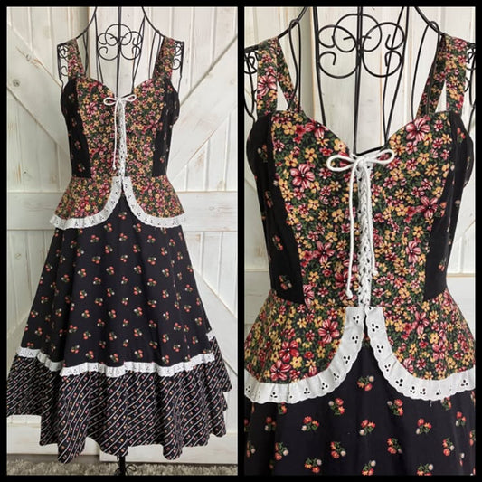70's Vintage Black Rainbow Calico Corset Prairie Peplum Gunne Sax STYLE Jackie Sundress Midi Dress