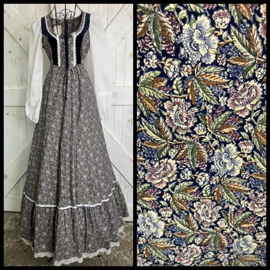 70's Vintage Gunne Sax Blue Velvet Purple Green Calico Wamsutta Mills Prairie Corset Maxi Dress 7