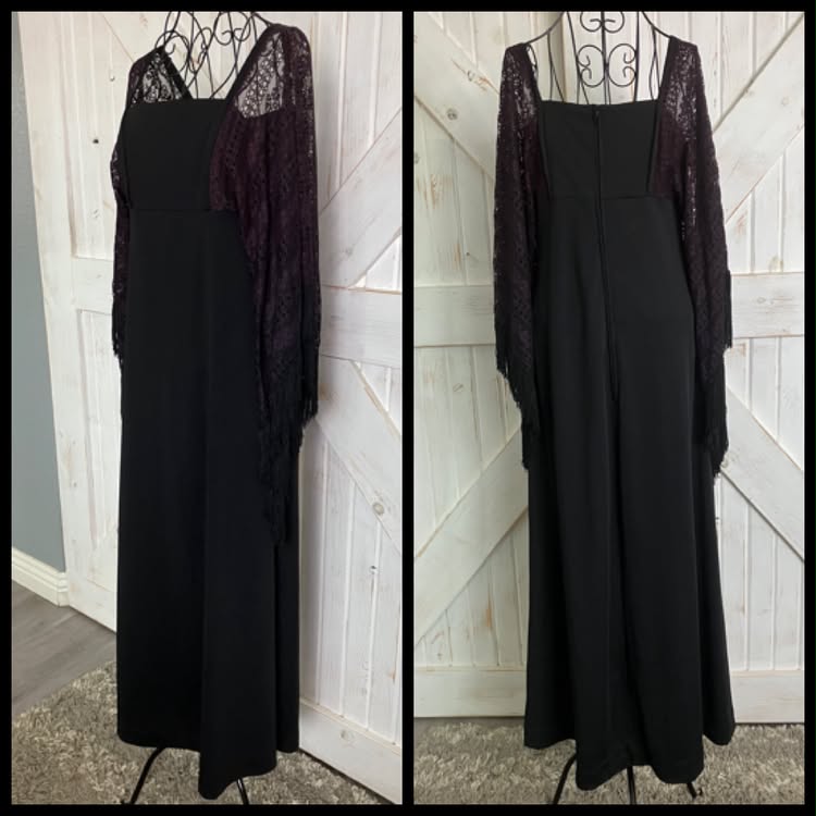 70's Vintage Miss K for Alfred Shaheen Hawaiian Black Witchy Woman Bohemian Stevie Bell Angel Aleeve Maxi Dress
