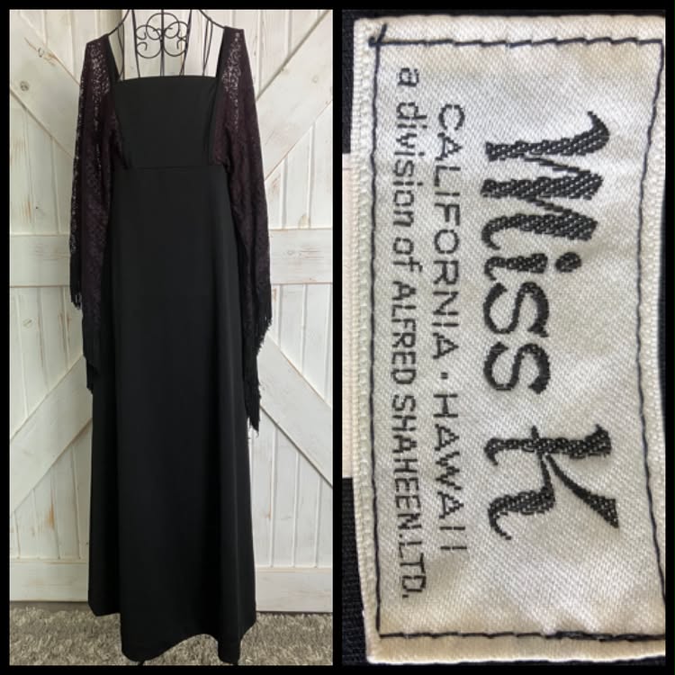 70's Vintage Miss K for Alfred Shaheen Hawaiian Black Witchy Woman Bohemian Stevie Bell Angel Aleeve Maxi Dress