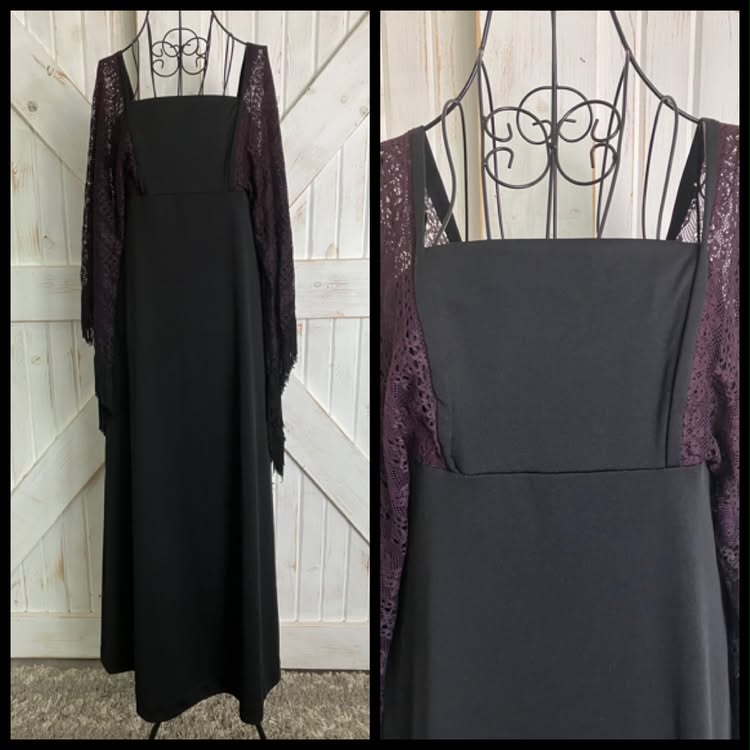 70's Vintage Miss K for Alfred Shaheen Hawaiian Black Witchy Woman Bohemian Stevie Bell Angel Aleeve Maxi Dress