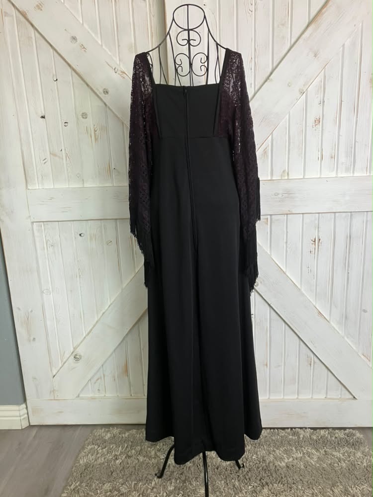 70's Vintage Miss K for Alfred Shaheen Hawaiian Black Witchy Woman Bohemian Stevie Bell Angel Aleeve Maxi Dress