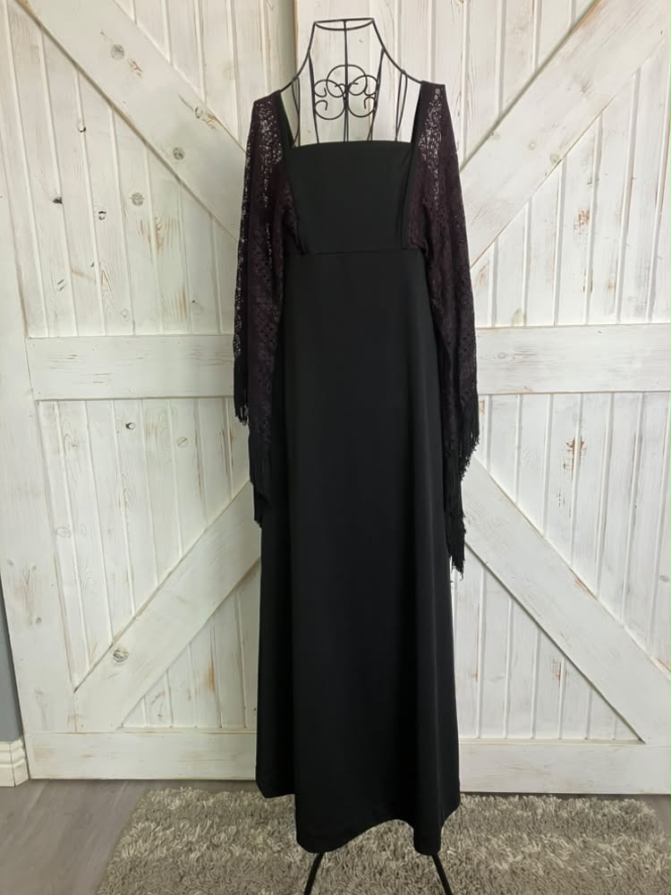 70's Vintage Miss K for Alfred Shaheen Hawaiian Black Witchy Woman Bohemian Stevie Bell Angel Aleeve Maxi Dress