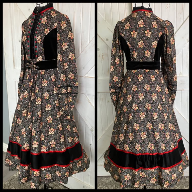 70's Vintage Gunne Sax Black Velvet Red Gold Green Calico Russian Doll Prairie Midi Dress + Original Belt 9