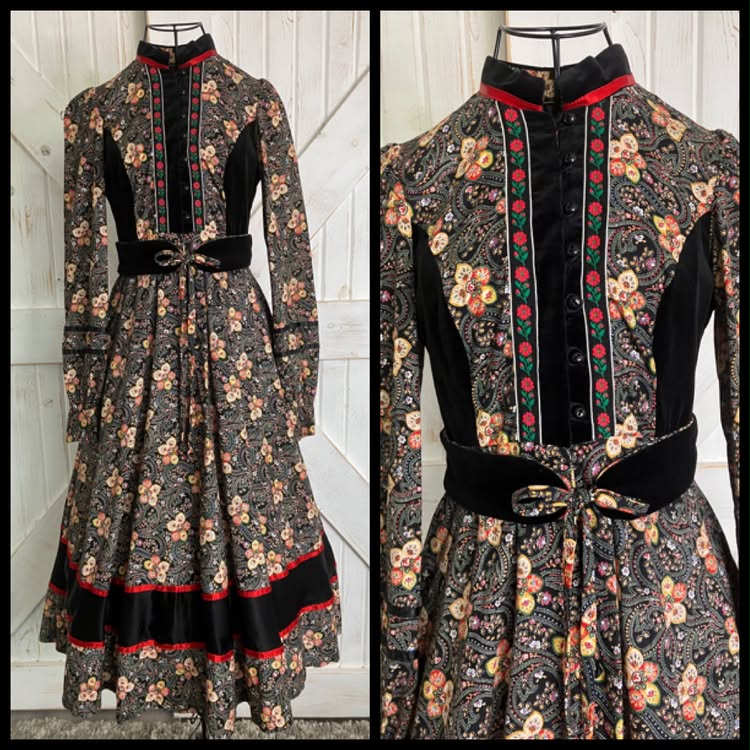 70's Vintage Gunne Sax Black Velvet Red Gold Green Calico Russian Doll Prairie Midi Dress + Original Belt 9
