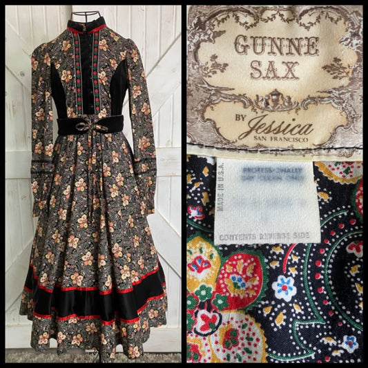 70's Vintage Gunne Sax Black Velvet Red Gold Green Calico Russian Doll Prairie Midi Dress + Original Belt 9