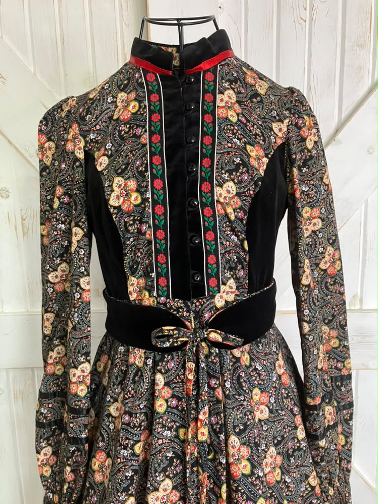 70's Vintage Gunne Sax Black Velvet Red Gold Green Calico Russian Doll Prairie Midi Dress + Original Belt 9