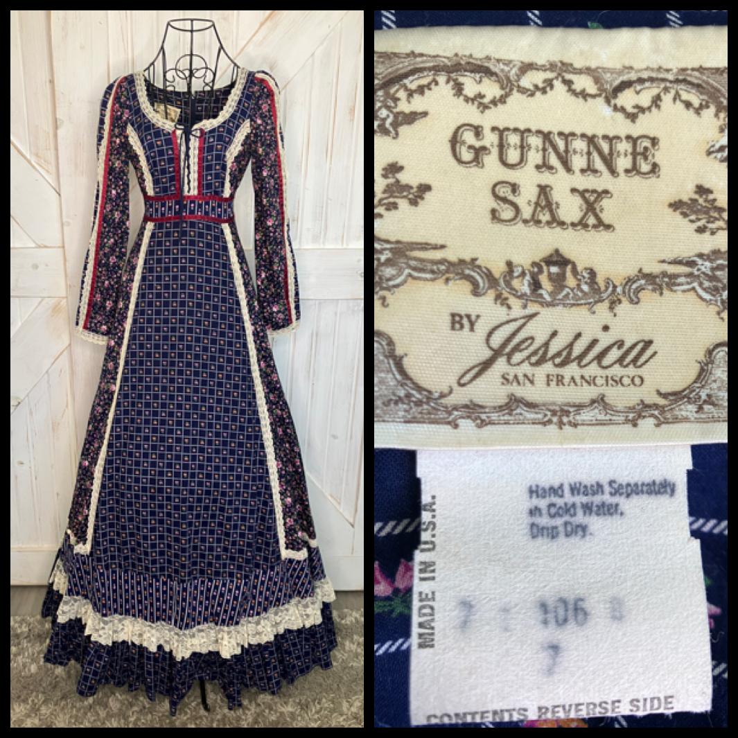 70's Vintage Gunne Sax Blue Red Pink White Calico Prairie Maxi Dress 7