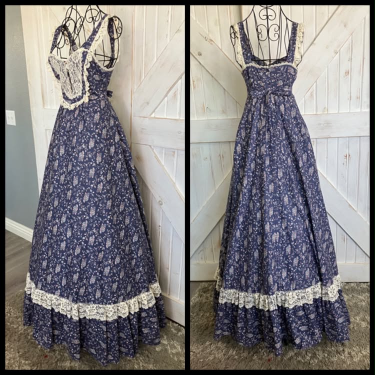 70's Vintage Gunne Sax Blue Red White Lace Church House on the Hill Prairie Maxi Sundress Dress 9