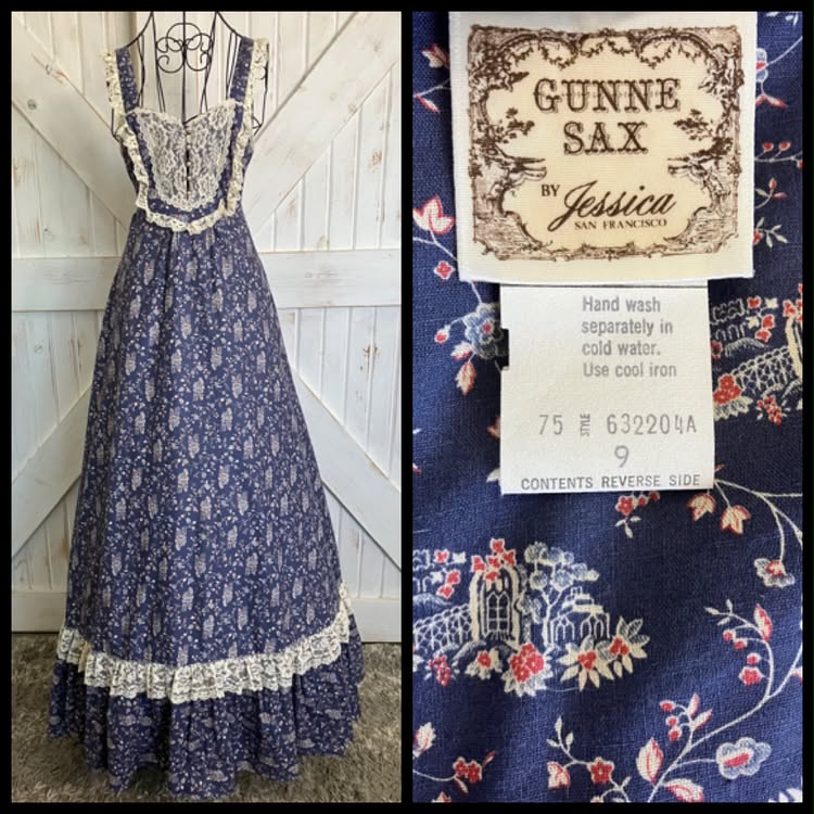 70's Vintage Gunne Sax Blue Red White Lace Church House on the Hill Prairie Maxi Sundress Dress 9