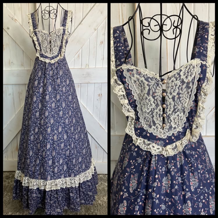 70's Vintage Gunne Sax Blue Red White Lace Church House on the Hill Prairie Maxi Sundress Dress 9