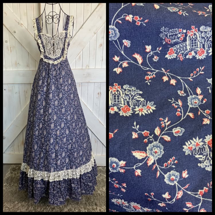 70's Vintage Gunne Sax Blue Red White Lace Church House on the Hill Prairie Maxi Sundress Dress 9