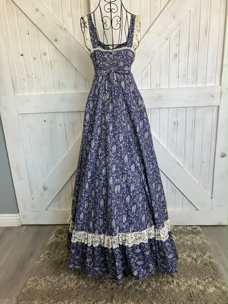 70's Vintage Gunne Sax Blue Red White Lace Church House on the Hill Prairie Maxi Sundress Dress 9