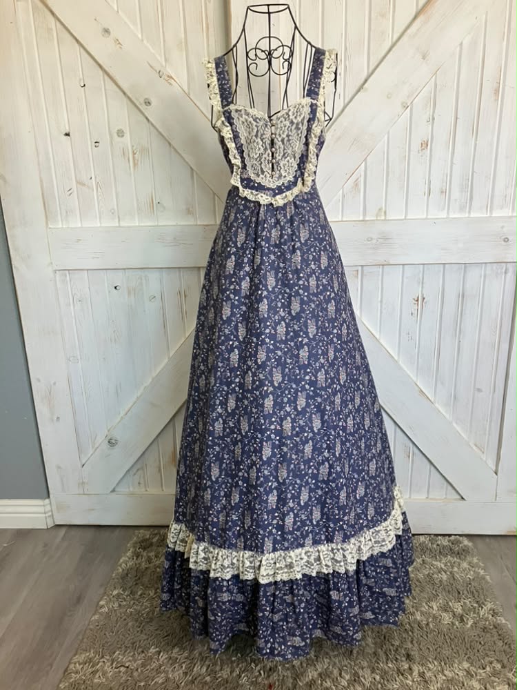 70's Vintage Gunne Sax Blue Red White Lace Church House on the Hill Prairie Maxi Sundress Dress 9