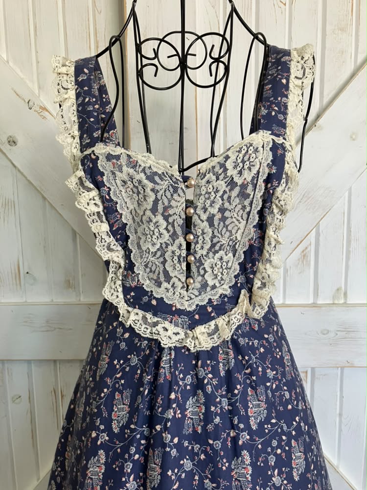 70's Vintage Gunne Sax Blue Red White Lace Church House on the Hill Prairie Maxi Sundress Dress 9